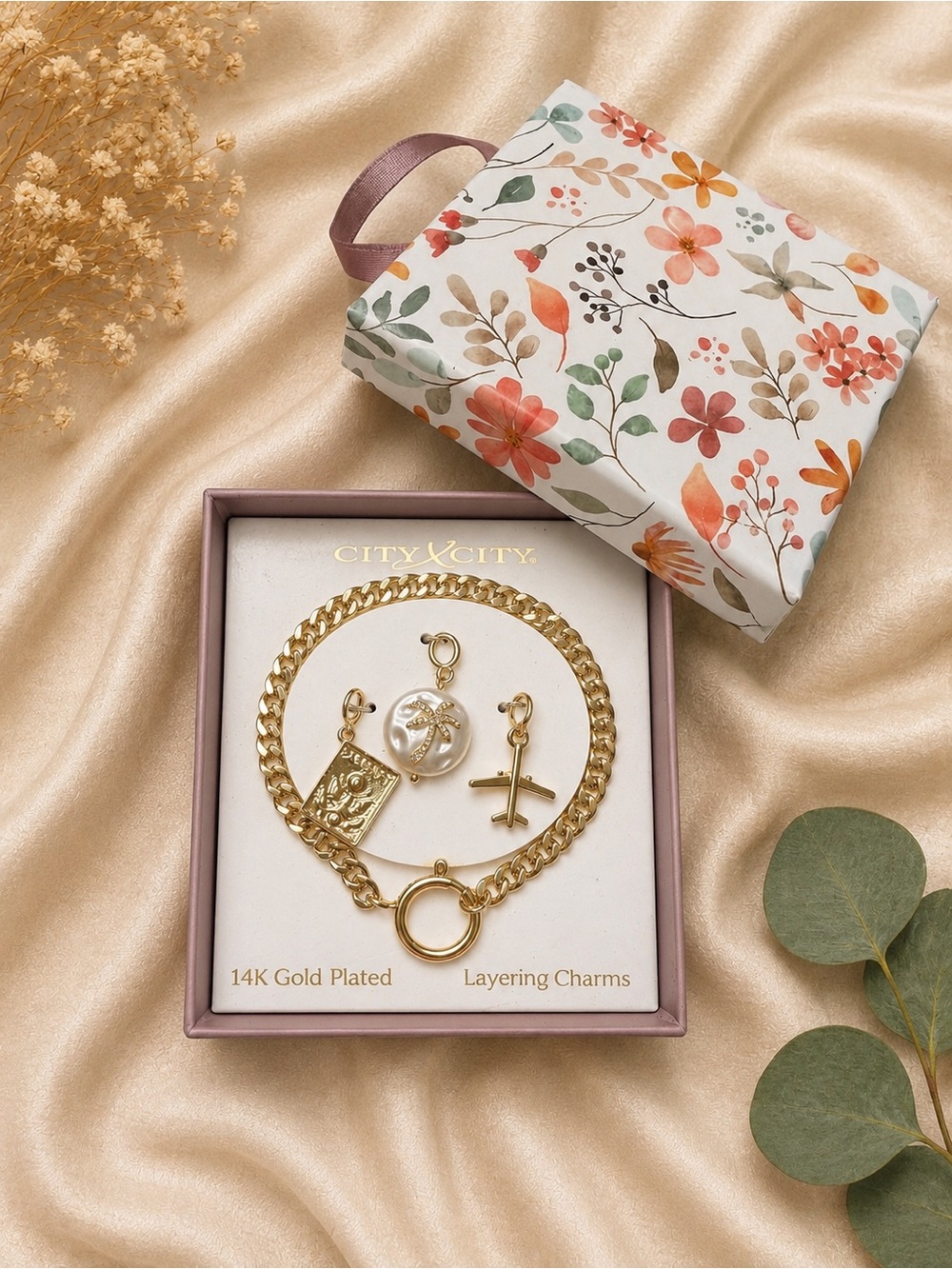 14K Gold-Plated Charm Bracelet with Charms
